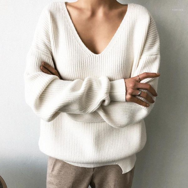 

autumn winter women sweater knitted v-neck minimalist feamle korean loose casual sweaters solid outwear clothes 20201, White;black