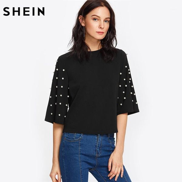 

shein pearl embellished fluted sleeve tee casual women t shirt autumn elegant black half sleeve tee shirt1, White