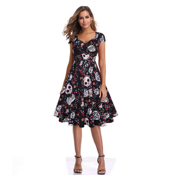 

short sleeve printed dress hepburn style 50s waistband shows slim big swing pompous skirt, Black;gray