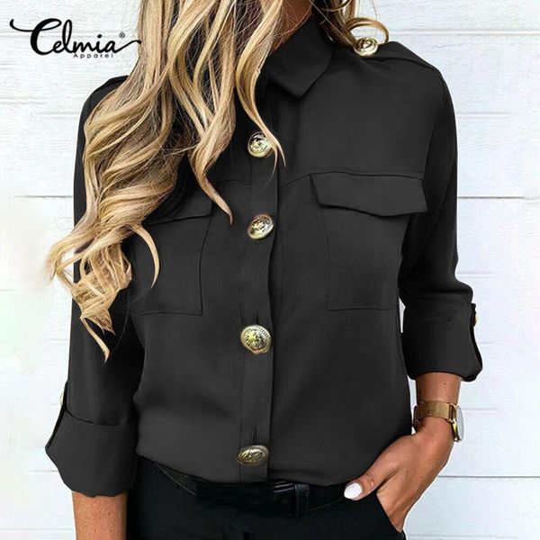 

women's blouses & shirts celmia women lapel cargo shirt casual loose long sleeve fashion office lady solid plus size button blusas 5xl, White