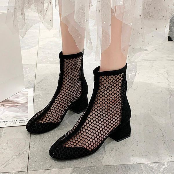 

2021 spring new short tube net boots korean style hollow mesh sandals rear zipper round head thick heel sandals women, Black