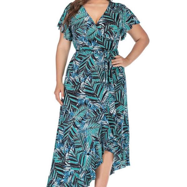 

new summer printed v-neck short sleeve dress holiday style irregular long skirt large women's wear, Black;gray