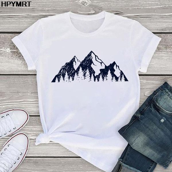 

summer aesthetic mountain print t-shirt female vintage tshirt woman clothing fashion o-neck tee kpop harajuku casual short, White