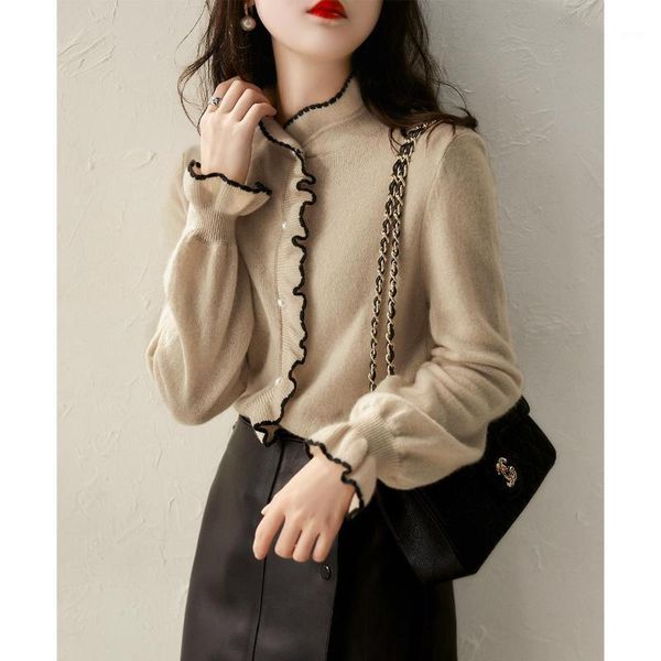 

fashion women's 2020 autumn new fashion full cashmere knitted cardigan with wooden ears woman sweaters japanese1, White