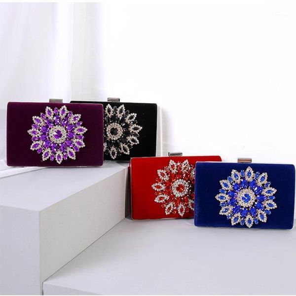 

luxury sumflower velvet 4 colors big rhinestone women wedding clutch bag fashion crystal lady shoulder handbags crossbody purse1