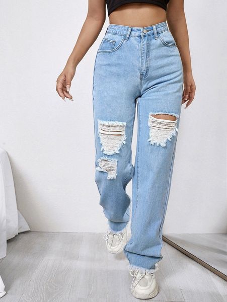 

ripped straight leg jeans y1y2#, Blue