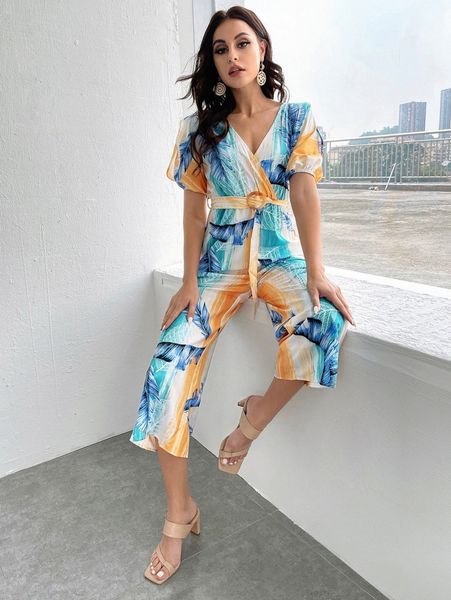 

tropical print batwing sleeve buckled belted wide leg jumpsuit m1ua#, White