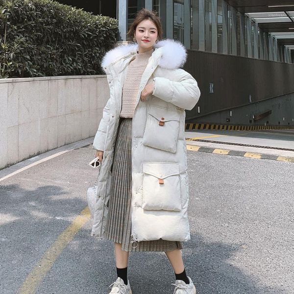 

long section thicken 2019 multi-pocket casual female women warm large fur collar coat warm hooded outwear winter1, Black