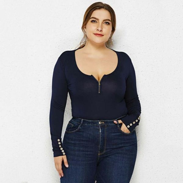 

plus size women long sleeve shirt skinny slim leotard jumpsuit solid bodysuit stretch zip blouse warm vintage plain clothes1, Black;white