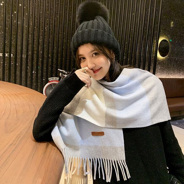 

2020 new scarves women's autumn and winter thickened warm imitation cashmere plaid scarf women's winter shawl foreign style bib kl, Blue;gray