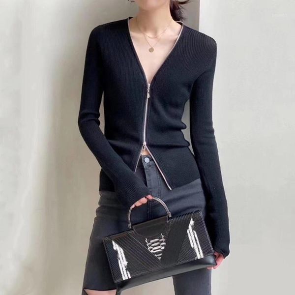 

autumn spring new women v-neck long-sleeved knit cardigan ladies slim zipper winter sweater1, White