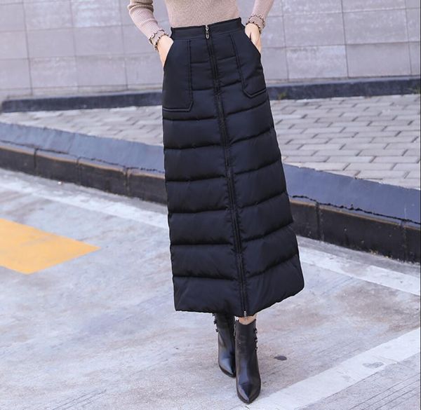 

women go out winter 2021 fashion the wind-proof fly line down female cotton high wasit skirt long plus size 5xl q470 s9lx, Black