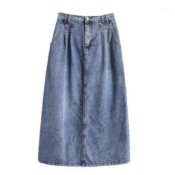 

summer plus size midi skirt casual denim solid a-line knee-length empire skirt womens fashion high waist korean streetwear1, Black