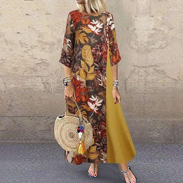 

vintage floral printed women sundress autumn o neck 3/4 sleeve cotton linen long dress female patchwork vestido plus size 5xl1, Black;gray