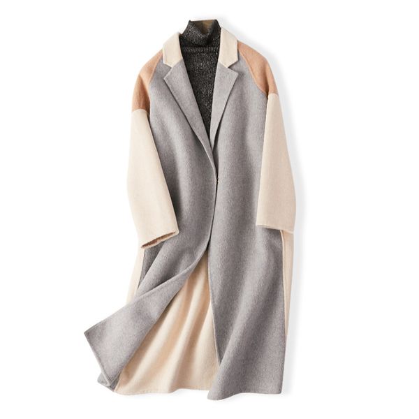 

women patchwork cashmere coat female middle-length korean double-sided wool coat warm winter clothing lj201128, Black