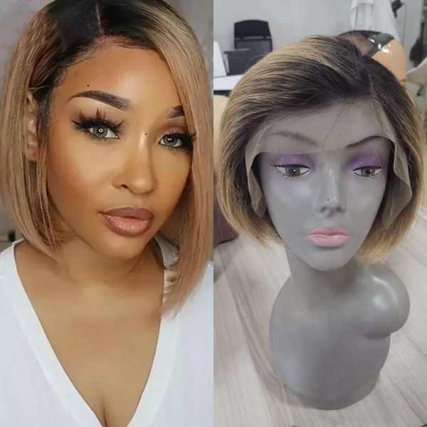 

ombre human hair wig 1b/27 straight lace front bob wigs indian hair swiss lace wigs pre plucked, Black;brown