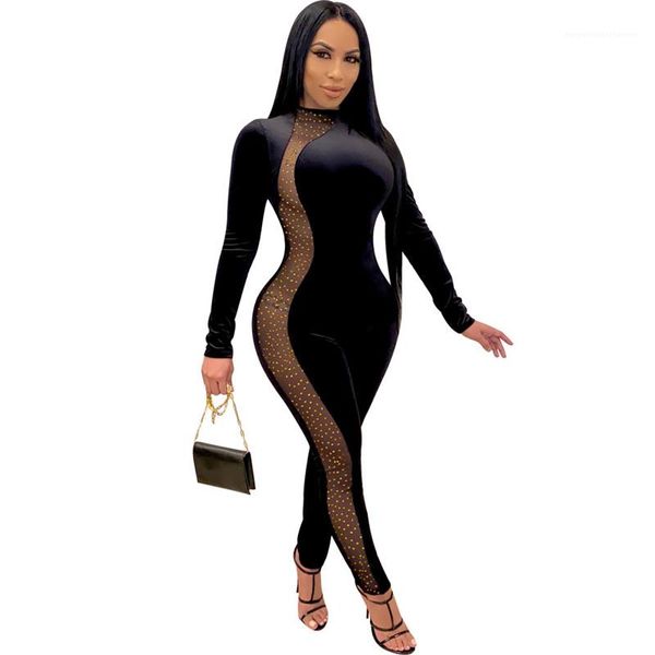 

soild color womens long sleeve fashion crew neck jumpsuits with rhinestone womens skinny rompers casual, Black;white