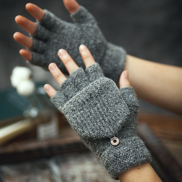 

wool winter men's flip student korean version office knitted half open finger warm and thickened gloves