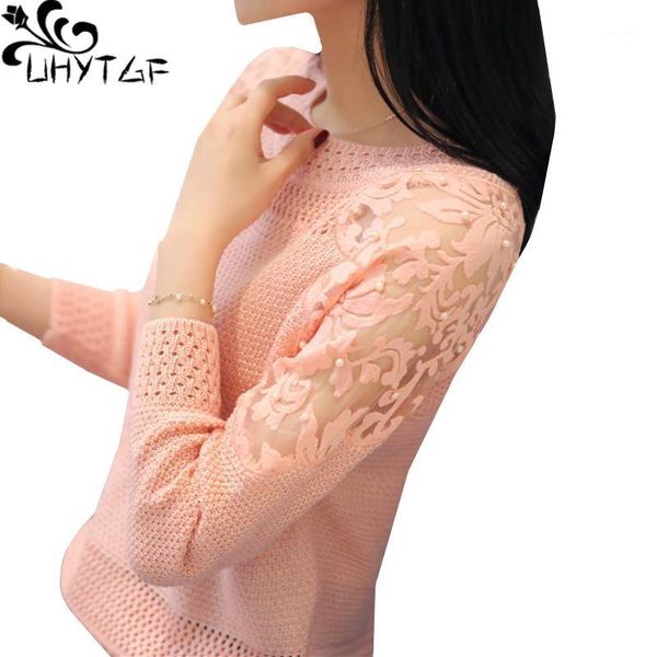 

uhytgf knitted pullover sweaters women fashion hollow lace short beaded long sleeves thin spring autumn sweater female 5321, White;black