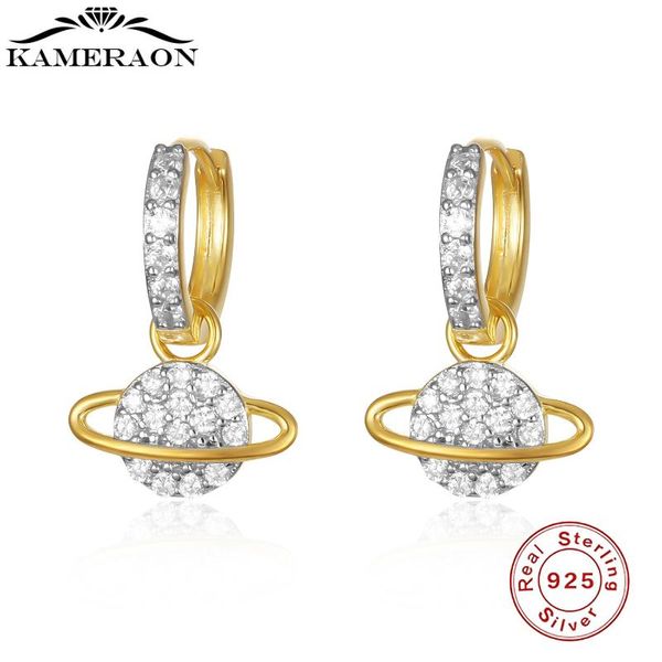 

hoop & huggie s925 sterling silver earrings shiny zircon mini planet shape for women circle gold color, Golden;silver