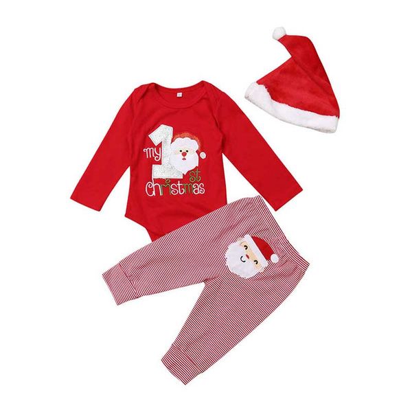 

new style lovely kids baby girl boy my first christmas letter romper pant hat outfits xmas set autumn clothing, White