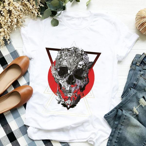 

женщины леди цветок цветочный череп ужас ужас печатная мода печать дамы t tee женская рубашка одежда футболка женская верхняя графическая фу, White