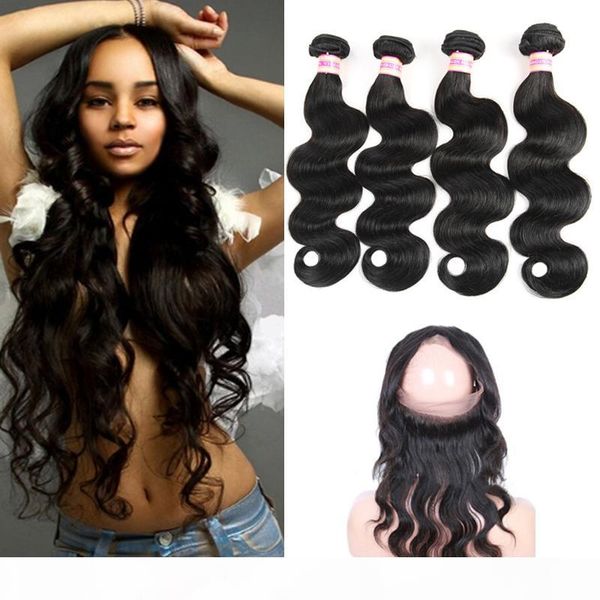 

360 lace fronta brazilian virgin body wave hair weaves 360 lace frontal with bundles 9a human hair 360 closure, Black