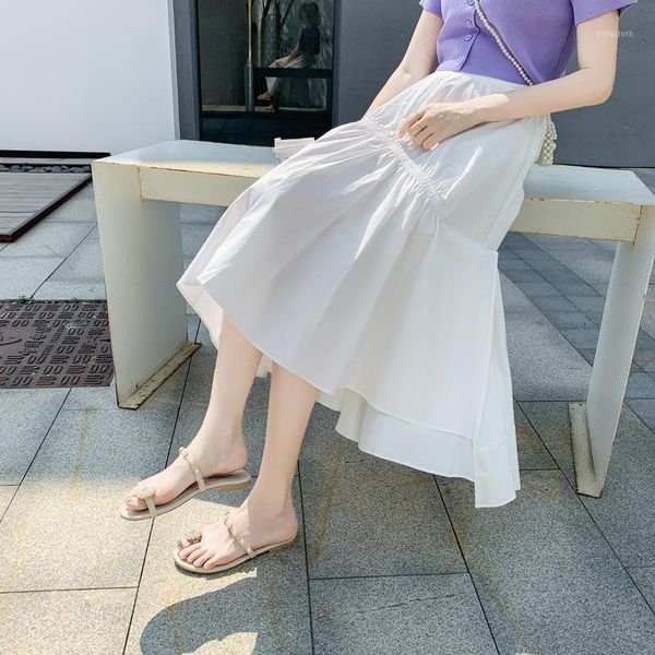 

young style black irregular folded women's summer high waist a- character for women pleated school girl cotton long big skirts1