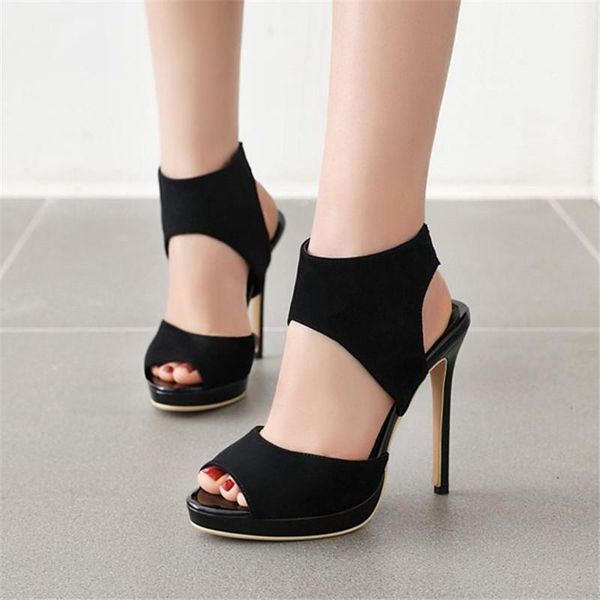 

pxelena fashion 2020 summer women sandals thin super high heel 12cm stilettos faux suede peep toe female shoes elastic plus size, Black