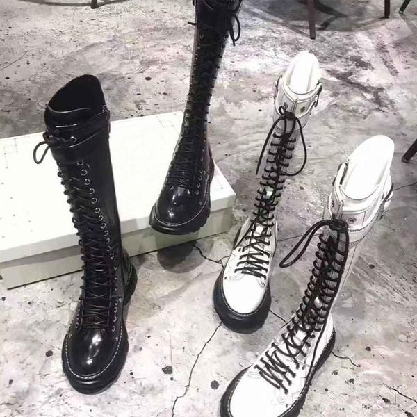 

2020 fashion joker lace-up high barrel boots women add velvet slim, knee-length thick-soled popular knight long boots1, Black