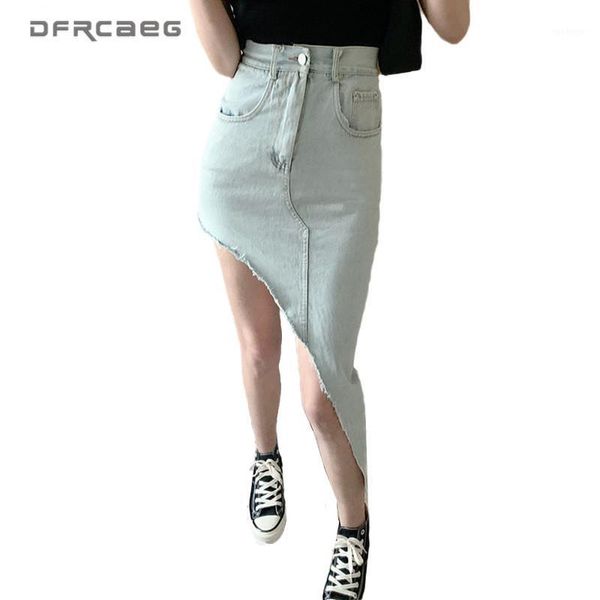 

light blue irregular hypotenus jeans skirts for women 2020 summer korean style high waist denim skirt femme vintage saia1, Black