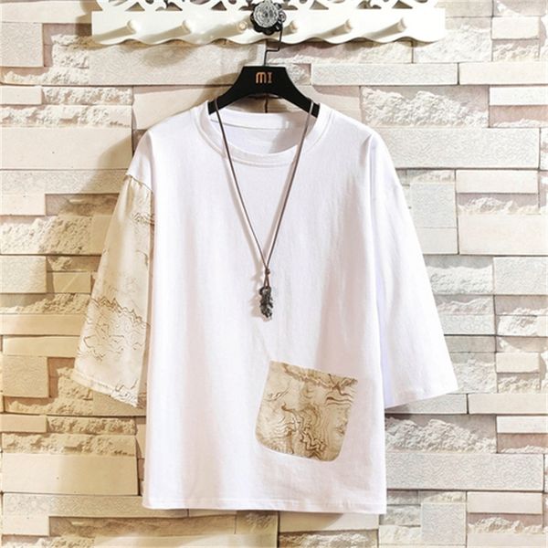 

2021 new men's half-summer shirt chinese cotton flax neck men t-shirts fashion male streetwear tshirt 2bbr, White;black