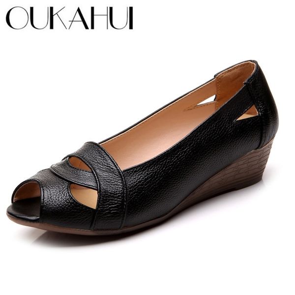

oukahui genuine leather elegant sandals women summer shoes slip-on peep toe hollow ladies sandals wedges 4cm cover heel 43 y200107, Black