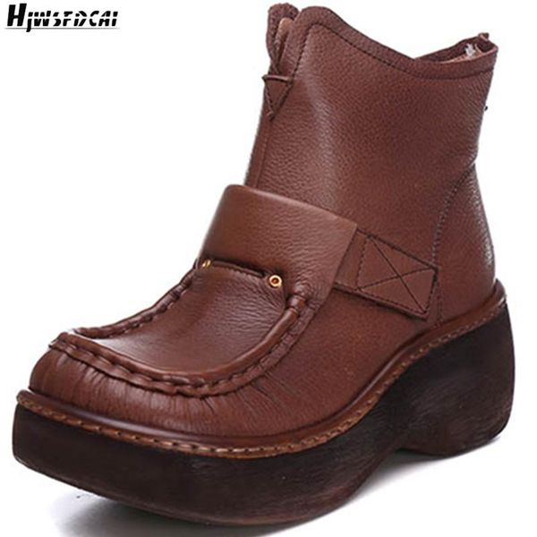 

hjwsfdcai winter warm hook&loop comfortable women shoes zipper platform genuine leather mujer short boots round toe woman boots, Black