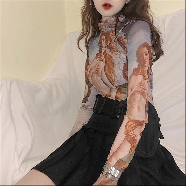 

new ulzzang personality fashion oil painting angel girl retro mesh casual chic fashion harajuku loose female t shirt, White