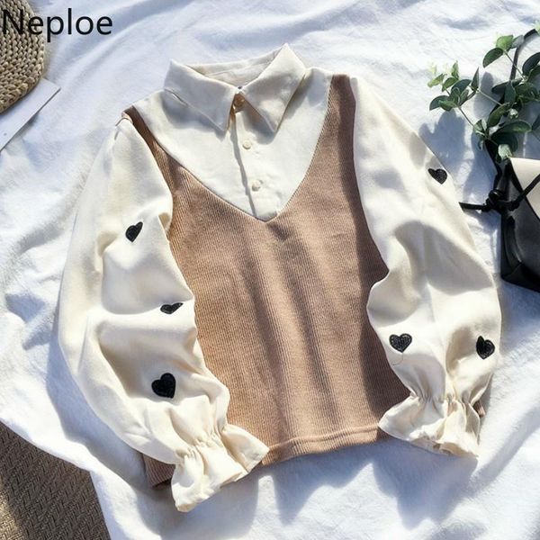 

japan harajuku style fake two piece blouse love embroidery long sleeve shirt patchwork corduroy blusas spring autumn 2020, White