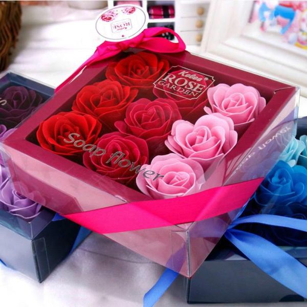 

9pcs creative gradient simulation rose soap flower scented bath body shower romantic wedding favor valentine's day gift with box