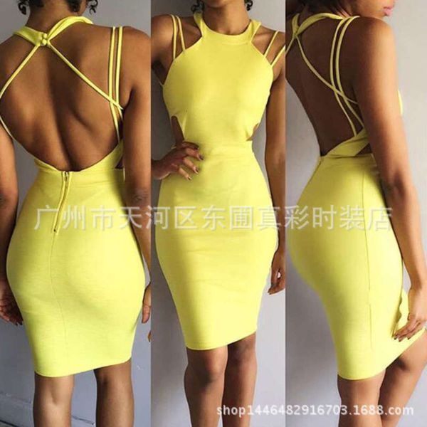 

back new open hanging neck pencil skirt slim dress, Black;gray