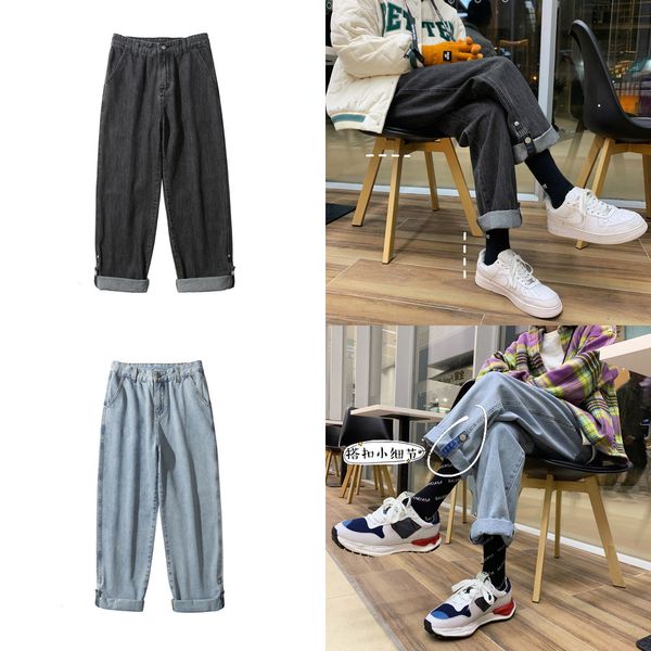 

all-match thicken jeans men's loose washed denim trousers turn over the side button design straight trousers pants autumn winter q0105, Black;white