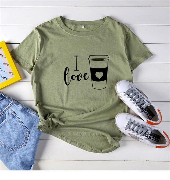 

i love coffee letter print t shirt 6 colors women short sleeve o neck loose tshirt 2020 summer women tee shirt, White