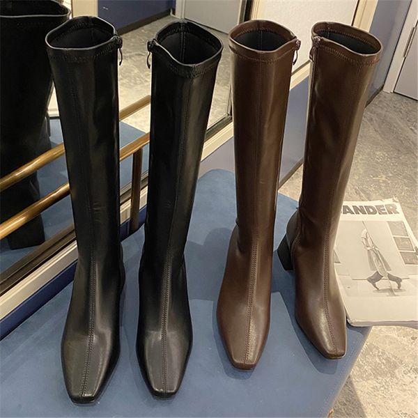 

2020 nova moda feminina preto bloco de salto alto coxa altas inverno quente pele botas longas praa dedo p na altura do en82, Black