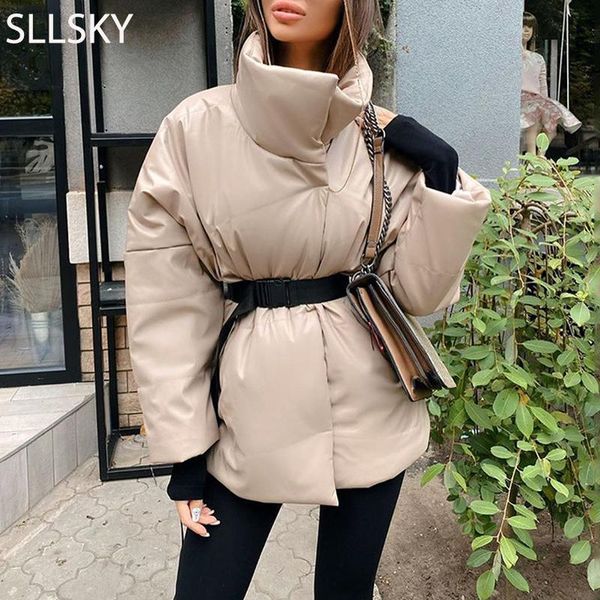 

sllsky women coat jacket parkas warm with belt casual autumn winter 2020 loose pocket bubble khaki sashes short jackets thicken, Black