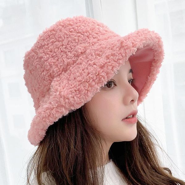 

wide brim hats 2021 women winter reversible bucket thick warm faux lamb wool panama girls japanese outdoor fisherman caps, Blue;gray