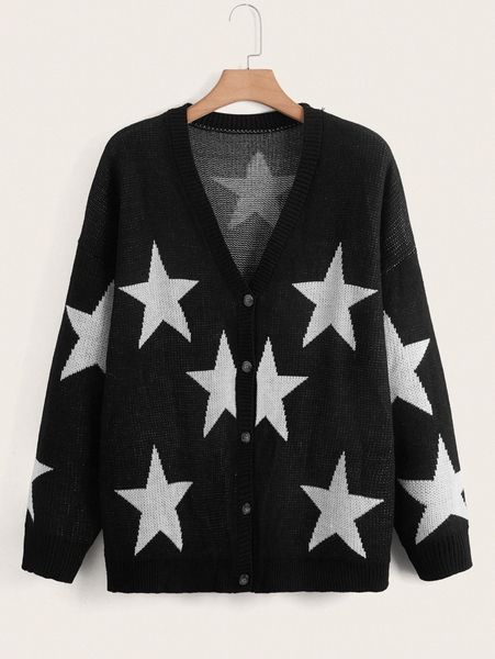 

plus star pattern button front cardigan v9ce#, Black