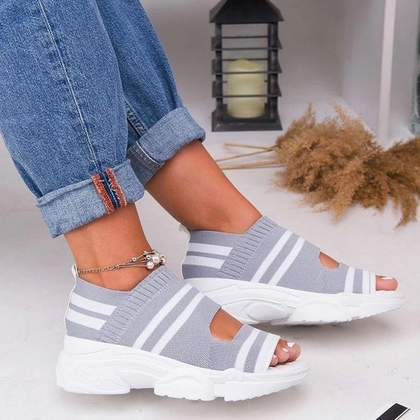 

women vulcanize shoes striped thick bottom sports summer spring fish mouth shoes casual comfortable ladies plus size sneakers y200801, Black