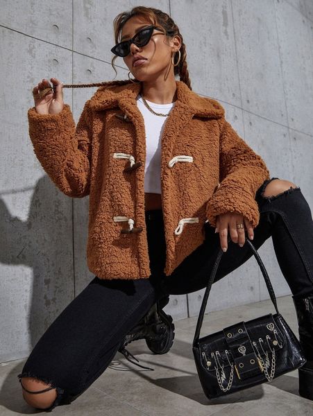 

solid duffle fleece jacket n4uo#, Black;brown