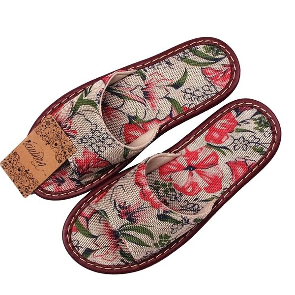 

new printed linen slippers for home family summer cow muscle heavy-bottomed women sandals indoor floor slip home flat shoes y200106, Black