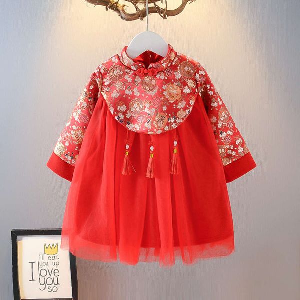 

plush children's girls chine tang qipao foreign sle ftive gauze new year winter drs, Red;yellow