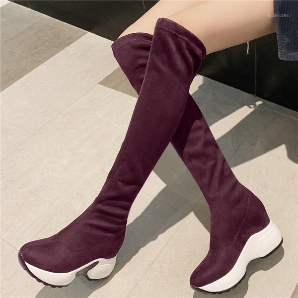 

2020 thigh high platform oxfords shoes women stretchy wedges over the knee high boots female slip on long shaft fashion sneakers1, Black