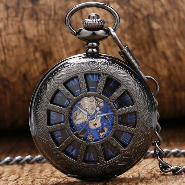

fashion retro black hollow carriage wheels case design with blue roman number skeleton mechanical pocket watch gift t200502, Slivery;golden